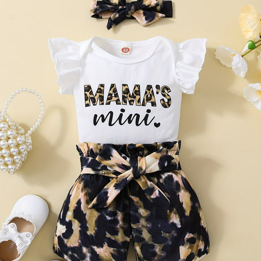 Baby Girls Sleeveless Top with MAMA'S Mini Print and Leopard Print Bow