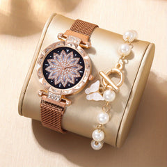 Rhinestone Quartz Watch & Bead Butterfly Jewelry Set