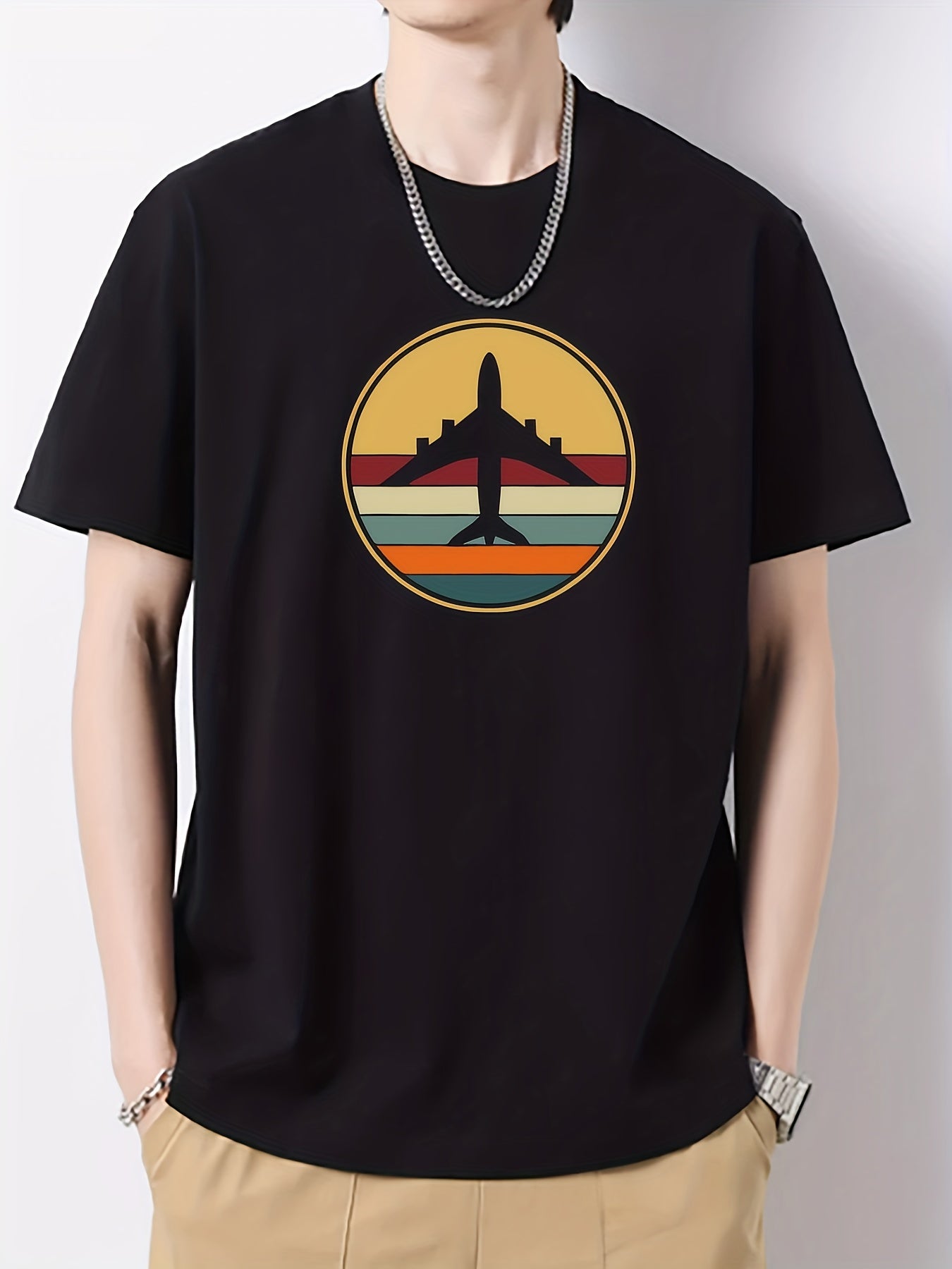 Air Plane Print Men's Cotton Graphic Crew Neck Active T shirt