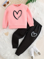 Girl's 2pcs Sweatshirt & Sweatpants Set Love Heart Print