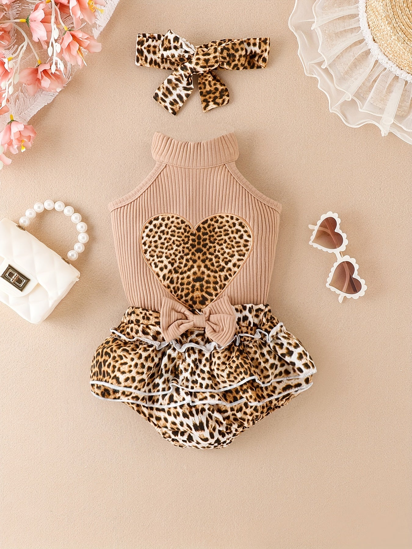 Leopard Print Heart Outfit Skirt & Sleeveless Tops for Baby Girls