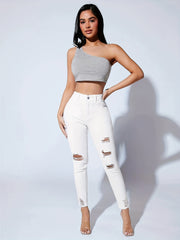 Stretch High-Waist Skinny Jeans Ripped Distressed Ankle-length Denim Pants
