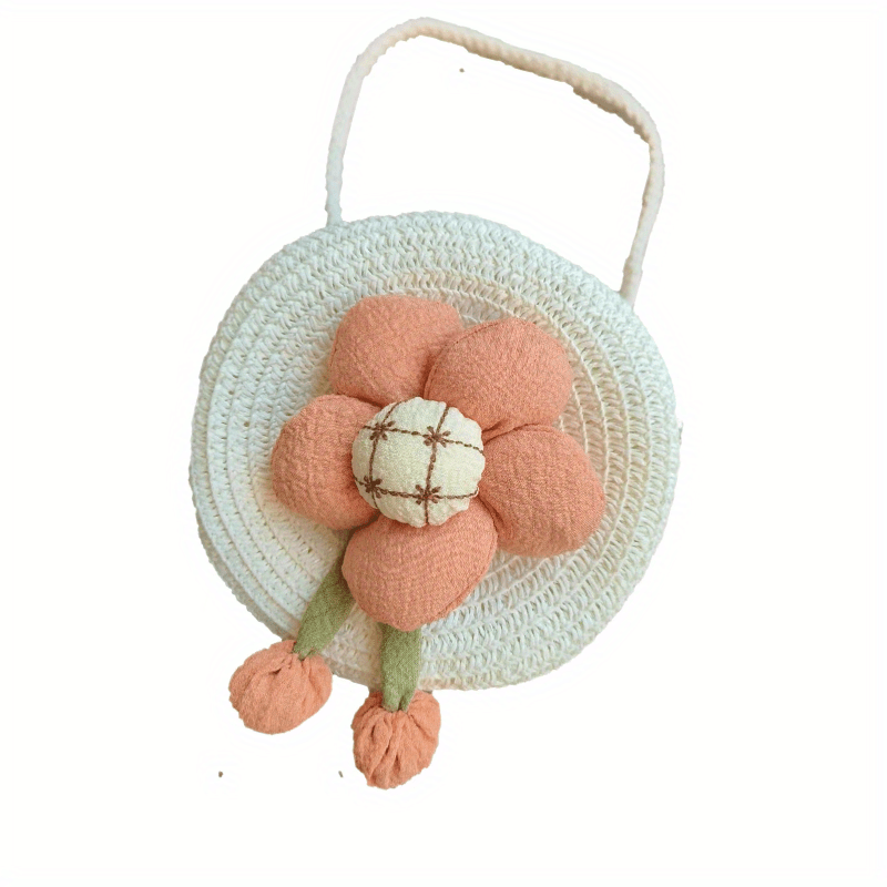 Girls Straw Bag Coin Purse Flower Decor Shoulder Bag