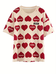 Heart Print Pajama Set Short Sleeve Crew Neck Top & Colorblock Pants