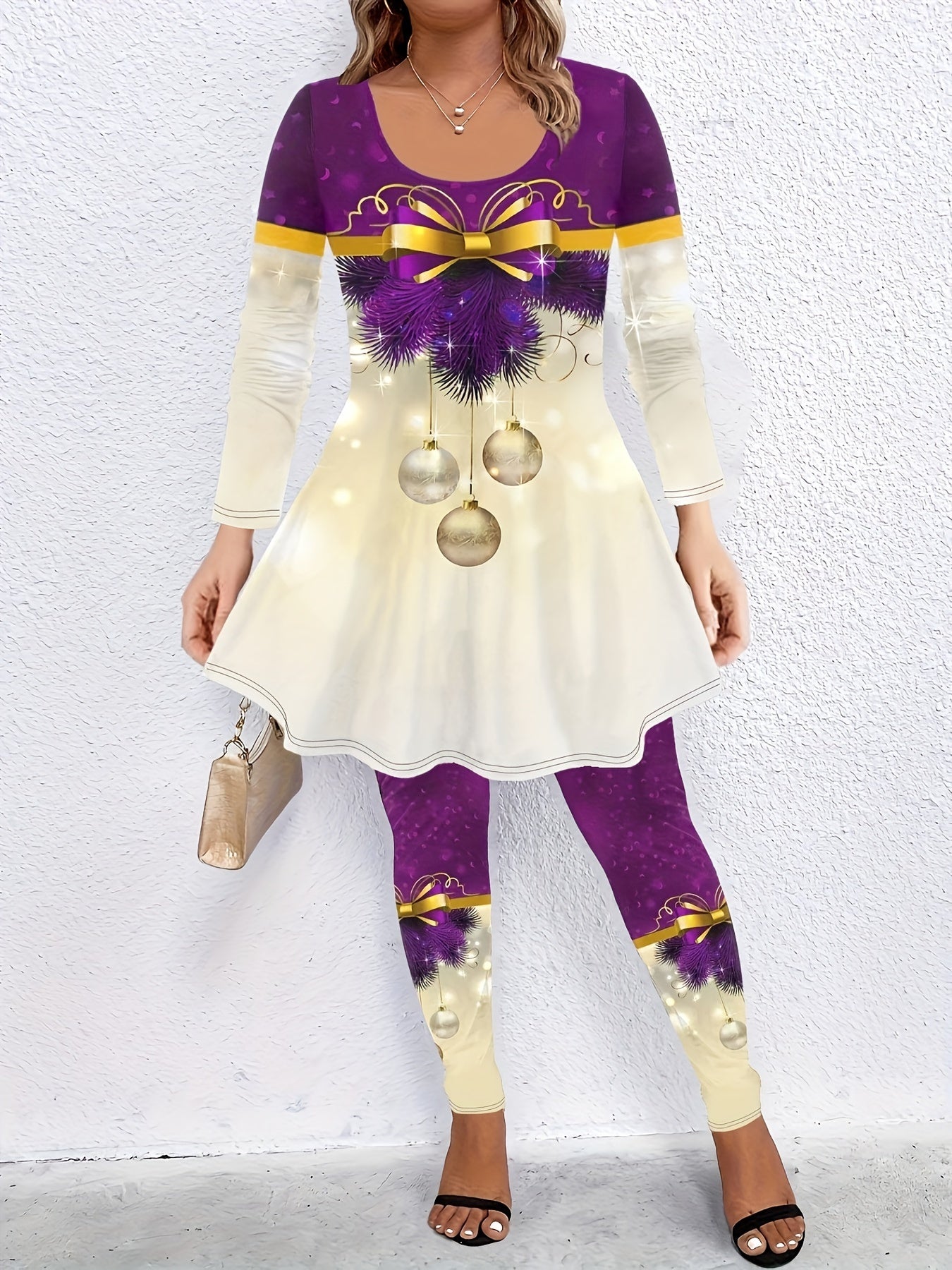 Christmas Ball Print Peplum Top & Leggings Outfit 2 Piece Set