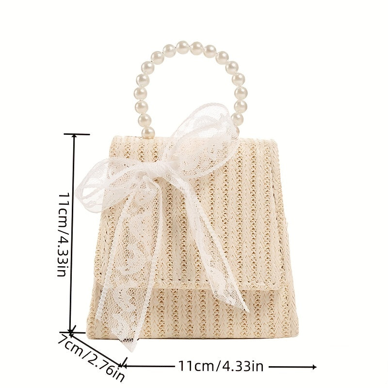 Straw Crossbody Bag with Faux Pearl Handle for Women