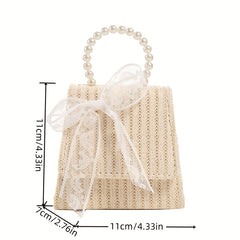 Straw Crossbody Bag with Faux Pearl Handle for Women