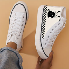 Girl's Cat Pattern High Top Skate Shoes Lace Up Sneakers