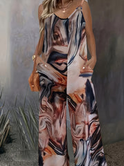Fluid Print V Neck Cami Jumpsuit With Pockets