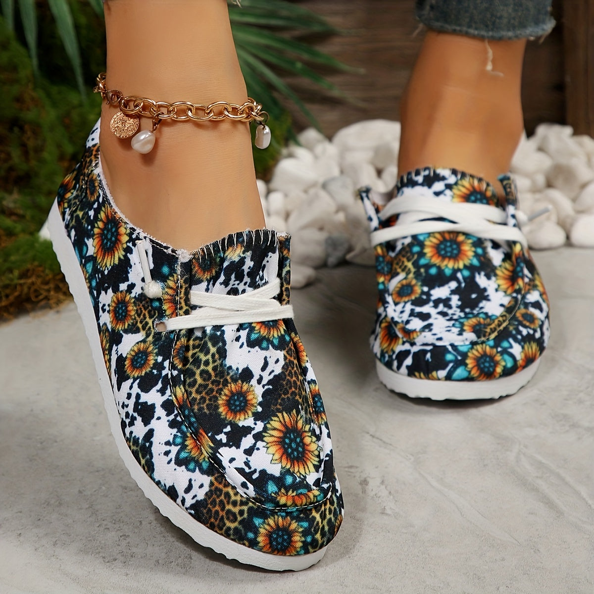 Women's Sunflower Print Canvas Shoes Casual Lace Up Outdoor Shoes