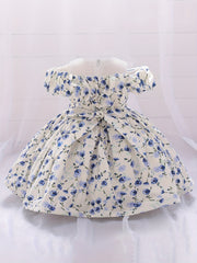 Girls Floral Print Puffy Dress Baby One Year Birthday Party Gown