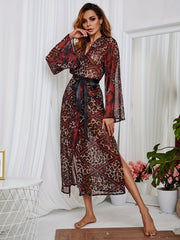 Leopard Mesh Night Robe Long Sleeve V-Neck Long Robe Women's Lingerie