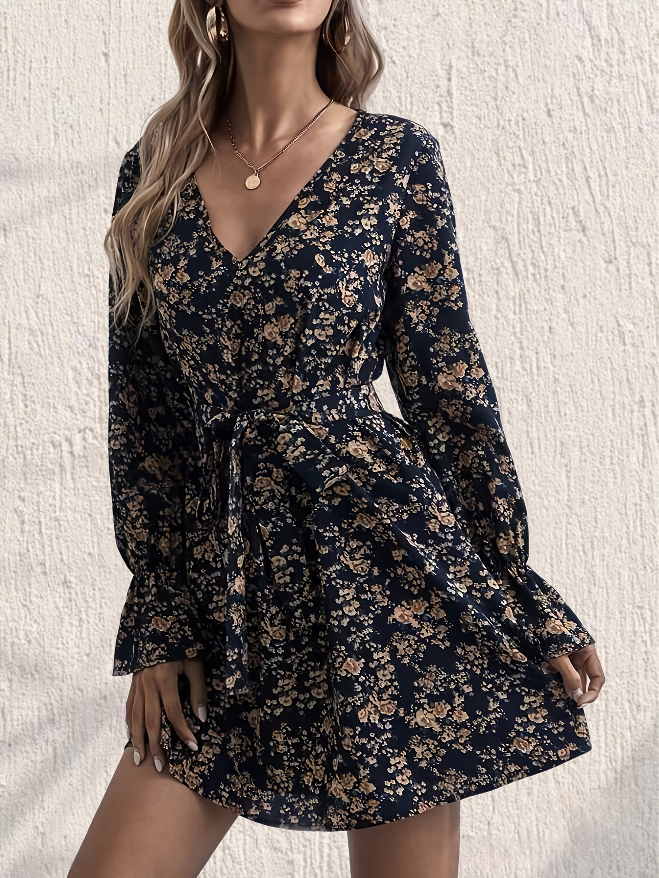 Floral Print V Neck Dress Long Sleeve Belted