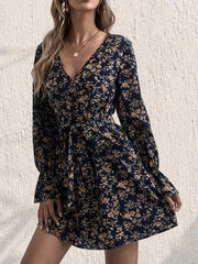Floral Print V Neck Dress Long Sleeve Belted