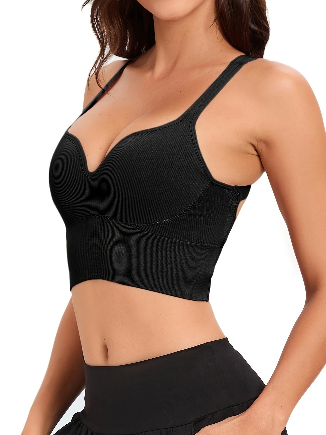 Women's V-neck Ribbed Seamless Backless Sports Bra
