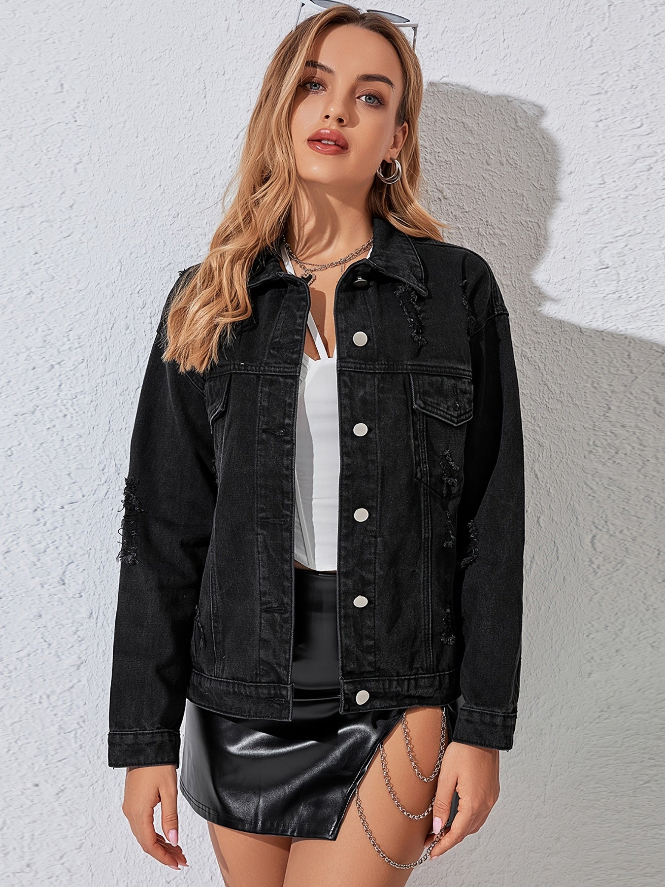 Long Sleeve Denim Jacket Flap Pockets Slim Fit Women's Coats