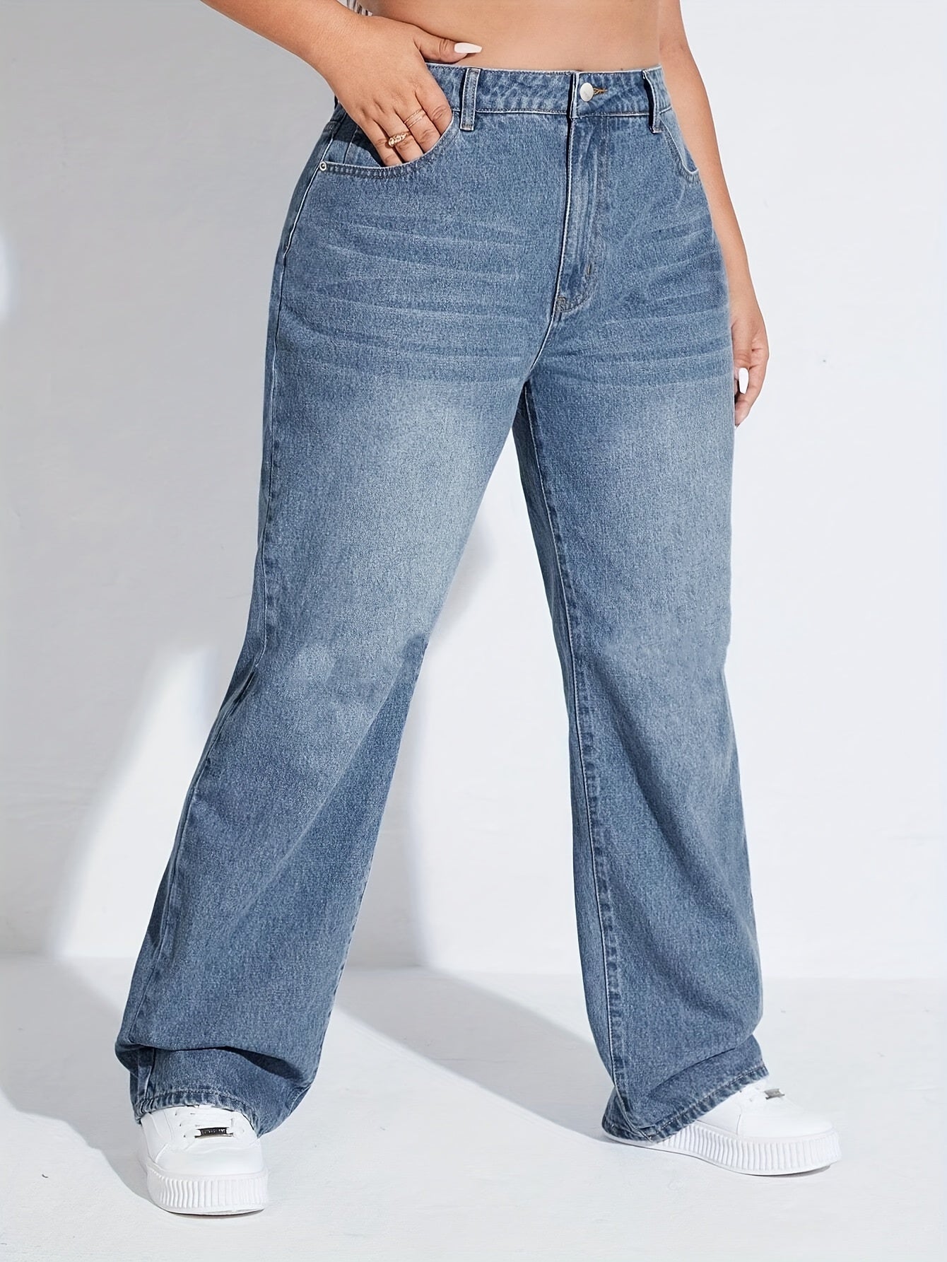 Wide Leg Washed Jeans Button Fly Casual Denim