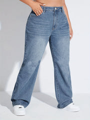 Wide Leg Washed Jeans Button Fly Casual Denim