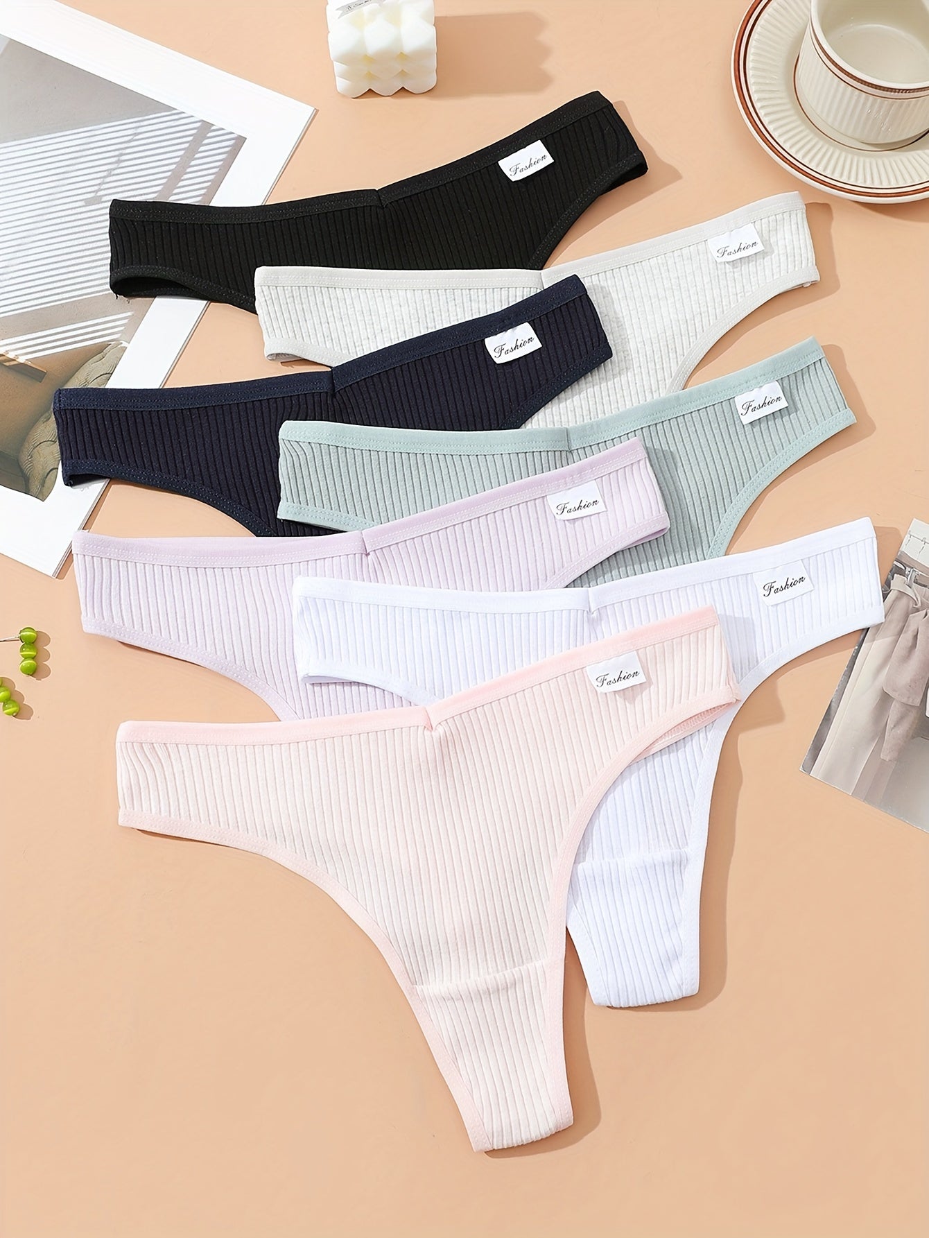 7pcs Ribbed Thongs Soft & Comfy Stretchy Intimates Panties Women's Lingerie