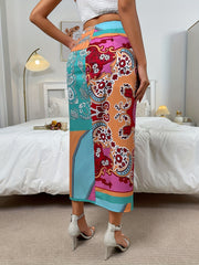 Ethnic Floral Print Split Skirts Ruched High Waist Summer Skirts