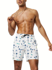 Coconut Pattern Quick Drying Beach Shorts Men's Casual Stretch Waist Drawstring