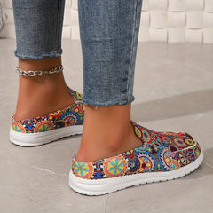Women's Floral Print Slip On Low Round Toe Flat Canvas Shoes