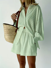 Ribbed Lantern Sleeve Shirt & Shorts Set
