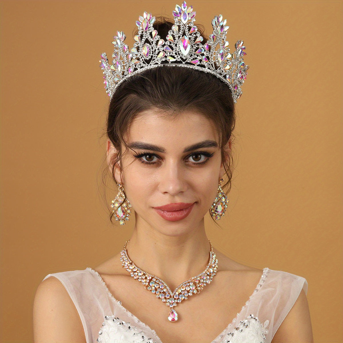 3pcs Bridal Crown Necklace Earrings Set Rhinestone Crystal Queen Crown Jewelry