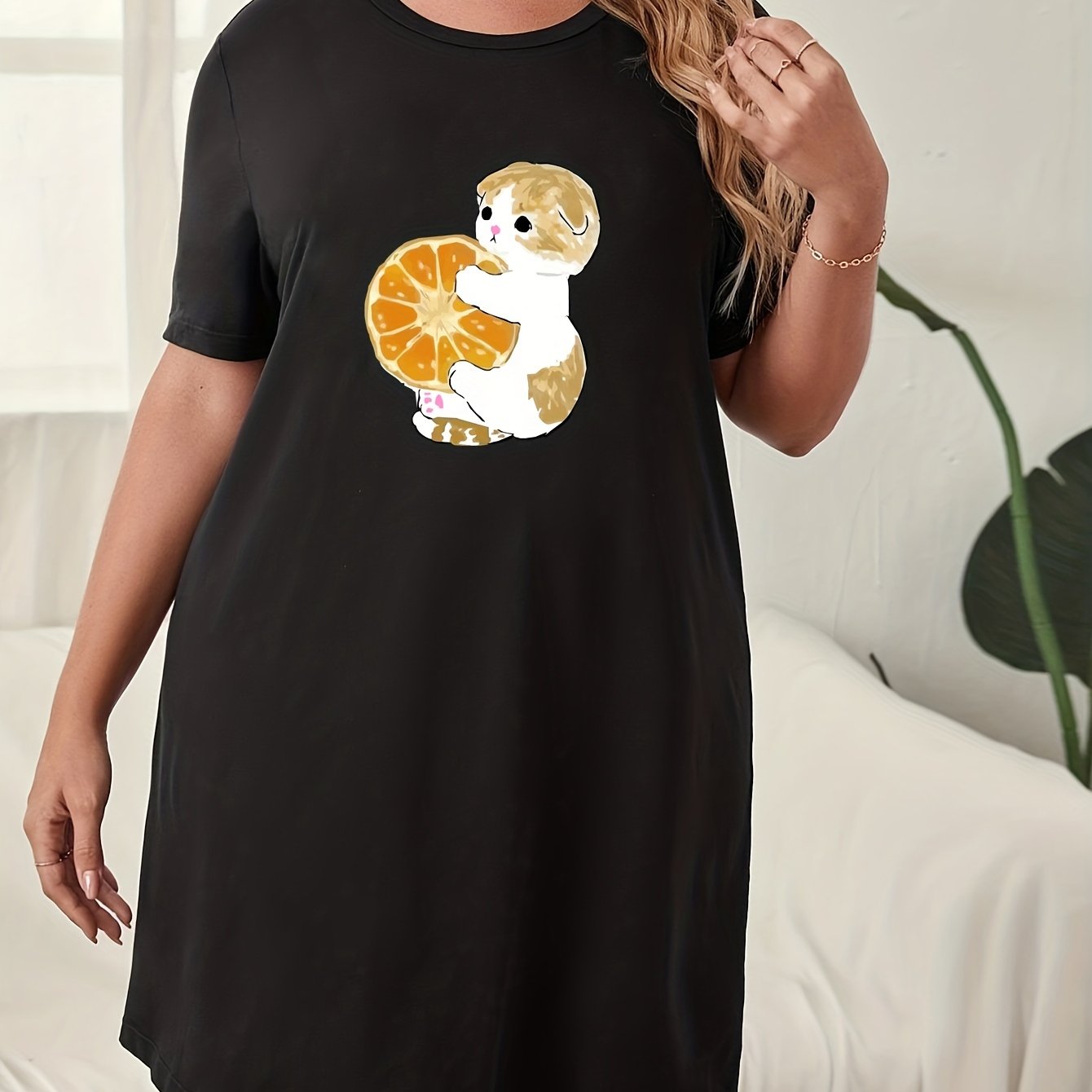 Cat & Orange Print Short Sleeve Nightdress