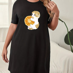 Cat & Orange Print Short Sleeve Nightdress