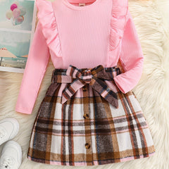 Toddler Girl's 2pcs Ribbed Top & Plaid Skirt Set