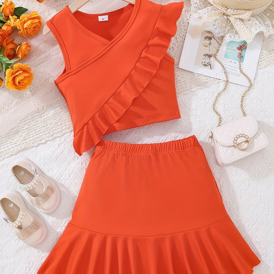 Girls Ruffled Sleeveless Top & Skirt Set for Summer Party