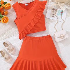 Girls Ruffled Sleeveless Top & Skirt Set for Summer Party