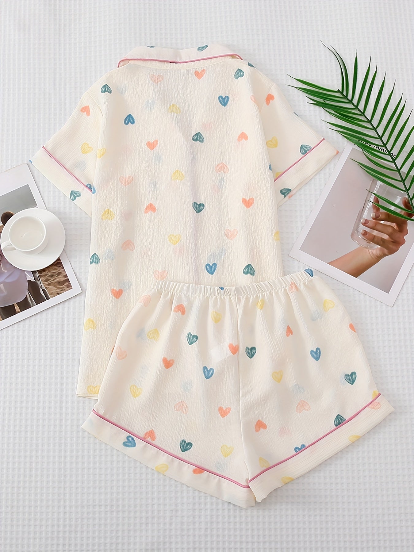 Heart Print Pajama Set Short Sleeve Lapel Buttons Top & Elastic Waistband Shorts