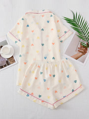 Heart Print Pajama Set Short Sleeve Lapel Buttons Top & Elastic Waistband Shorts