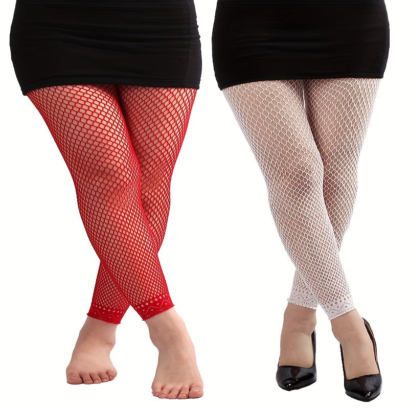 2 Pairs Casual Pantyhose Set Women's Plus Solid Footless Fishnet Stockings