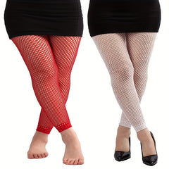 2 Pairs Casual Pantyhose Set Women's Plus Solid Footless Fishnet Stockings