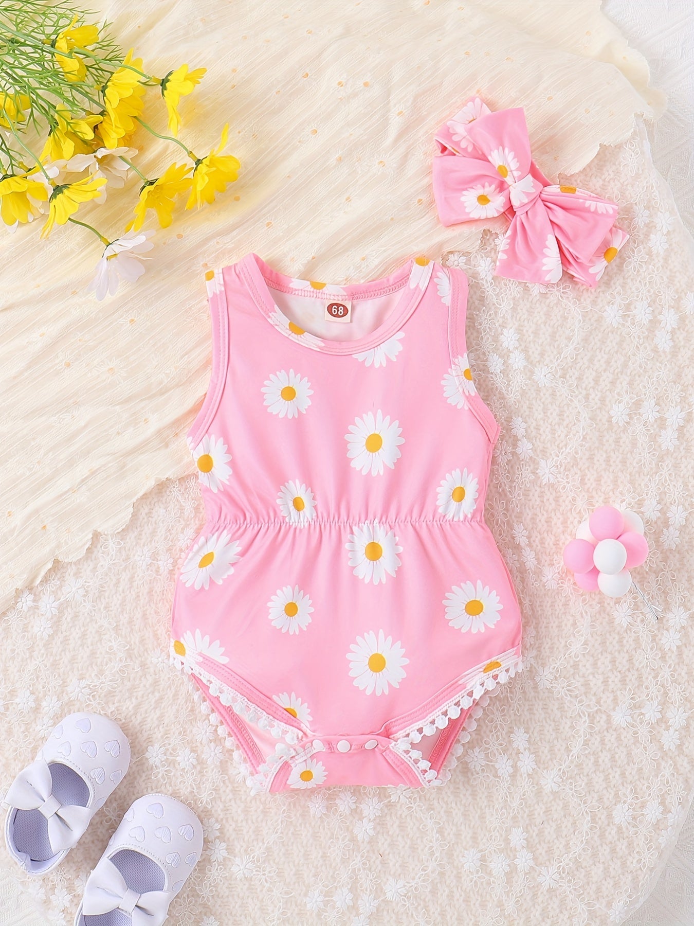2pcs Baby Girls Floral Onesie Romper & Headband Set