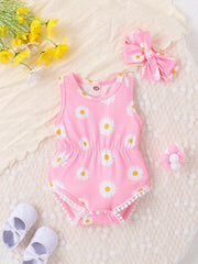 2pcs Baby Girls Floral Onesie Romper & Headband Set