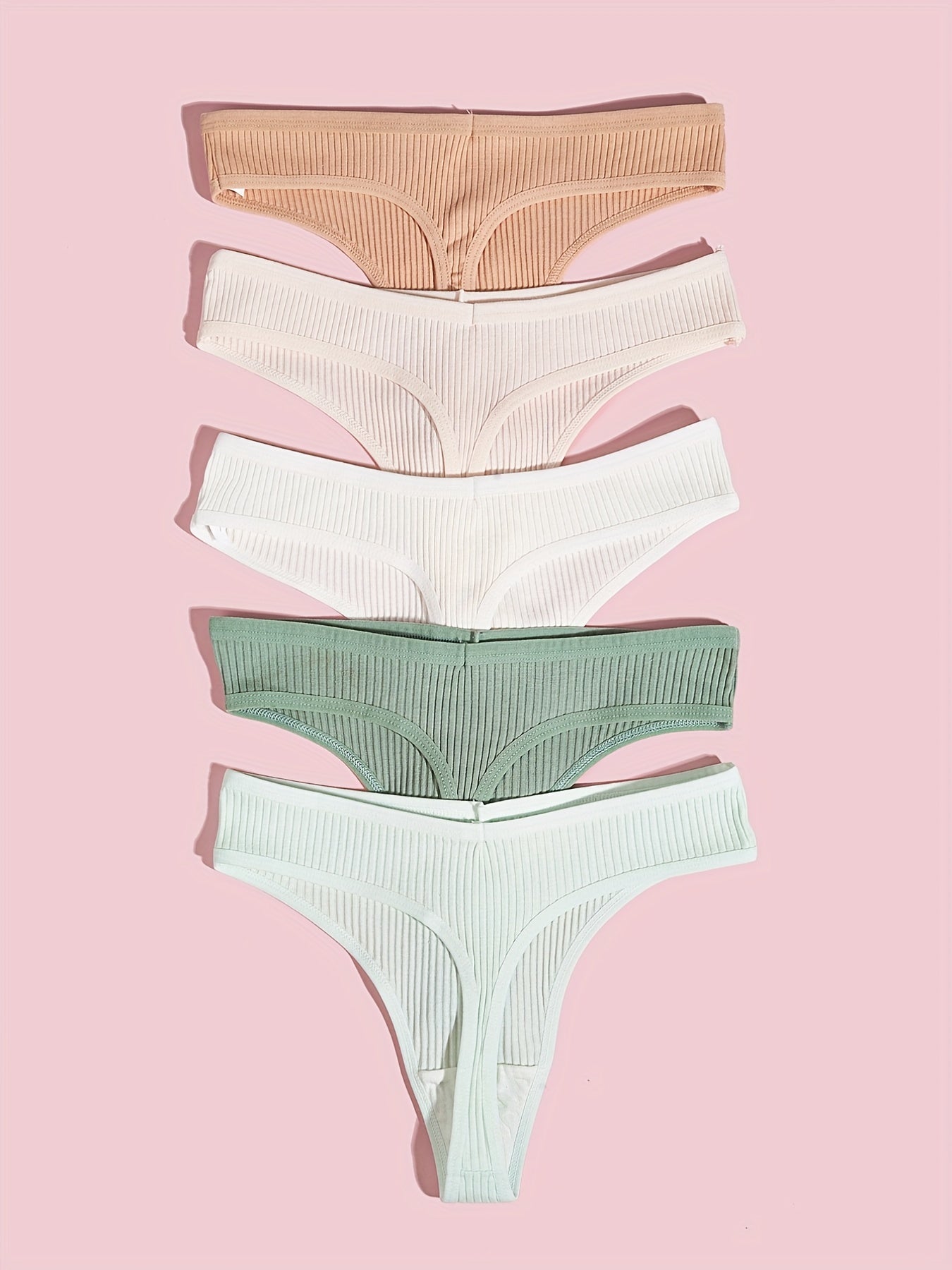 5pcs Solid Ribbed Thongs Comfy Stretchy Intimates Panties Women's Lingerie