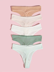 5pcs Solid Ribbed Thongs Comfy Stretchy Intimates Panties Women's Lingerie