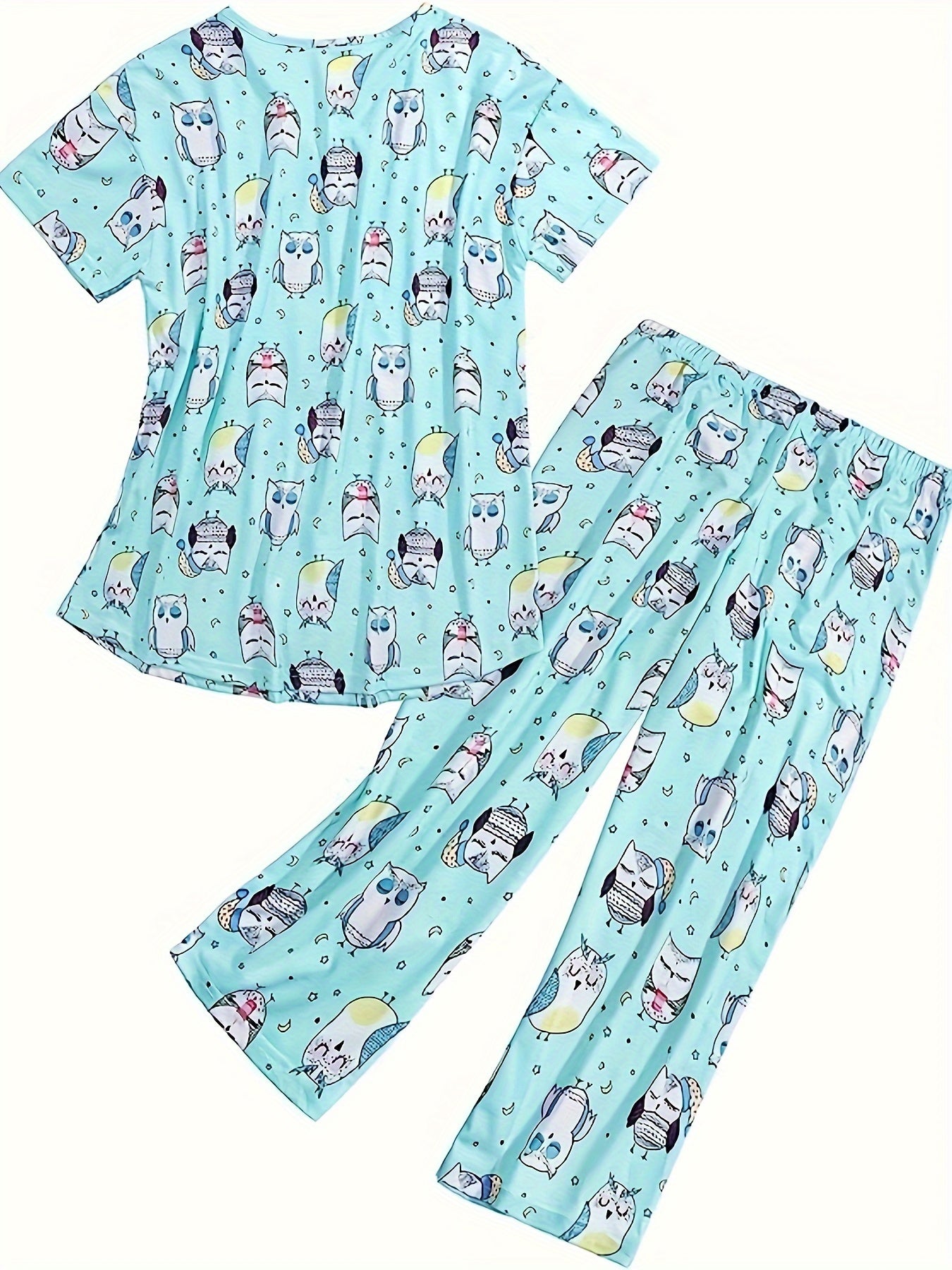 Cartoon Owl Print Pajama Set Short Sleeve V Neck Top & Elastic Waistband Pants