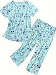 Cartoon Owl Print Pajama Set Short Sleeve V Neck Top & Elastic Waistband Pants