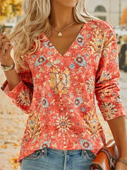 Floral Print V Neck Sweatshirt Long Sleeve Casual Top