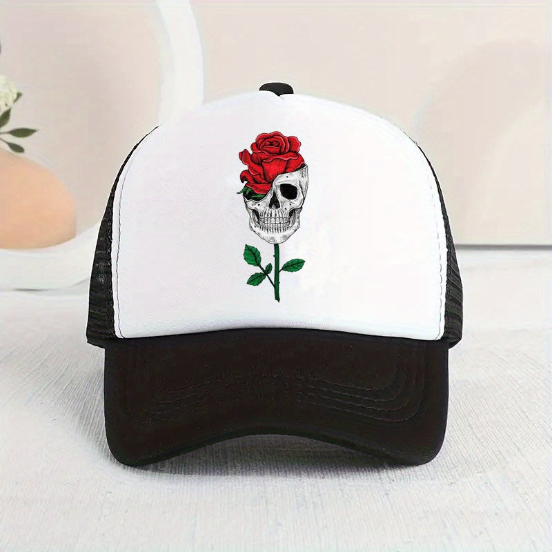 Skull Rose Print Baseball Cap Adjustable Sun Hat Hip Hop Dad Hats