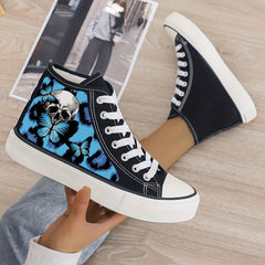 Skull & Butterfly Print Plush Lined Thermal Chunky Canvas Sneakers