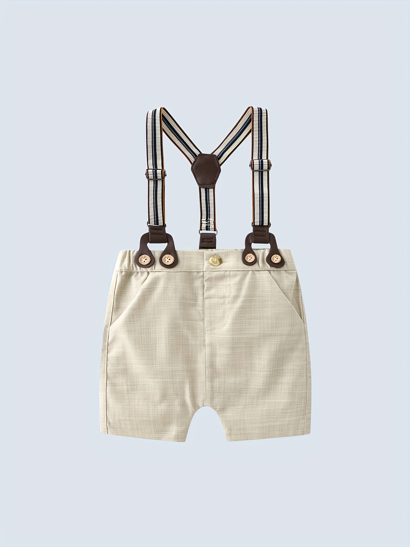 Boys 2 Pc Outfit: Button Down Tee & Suspender Shorts Set