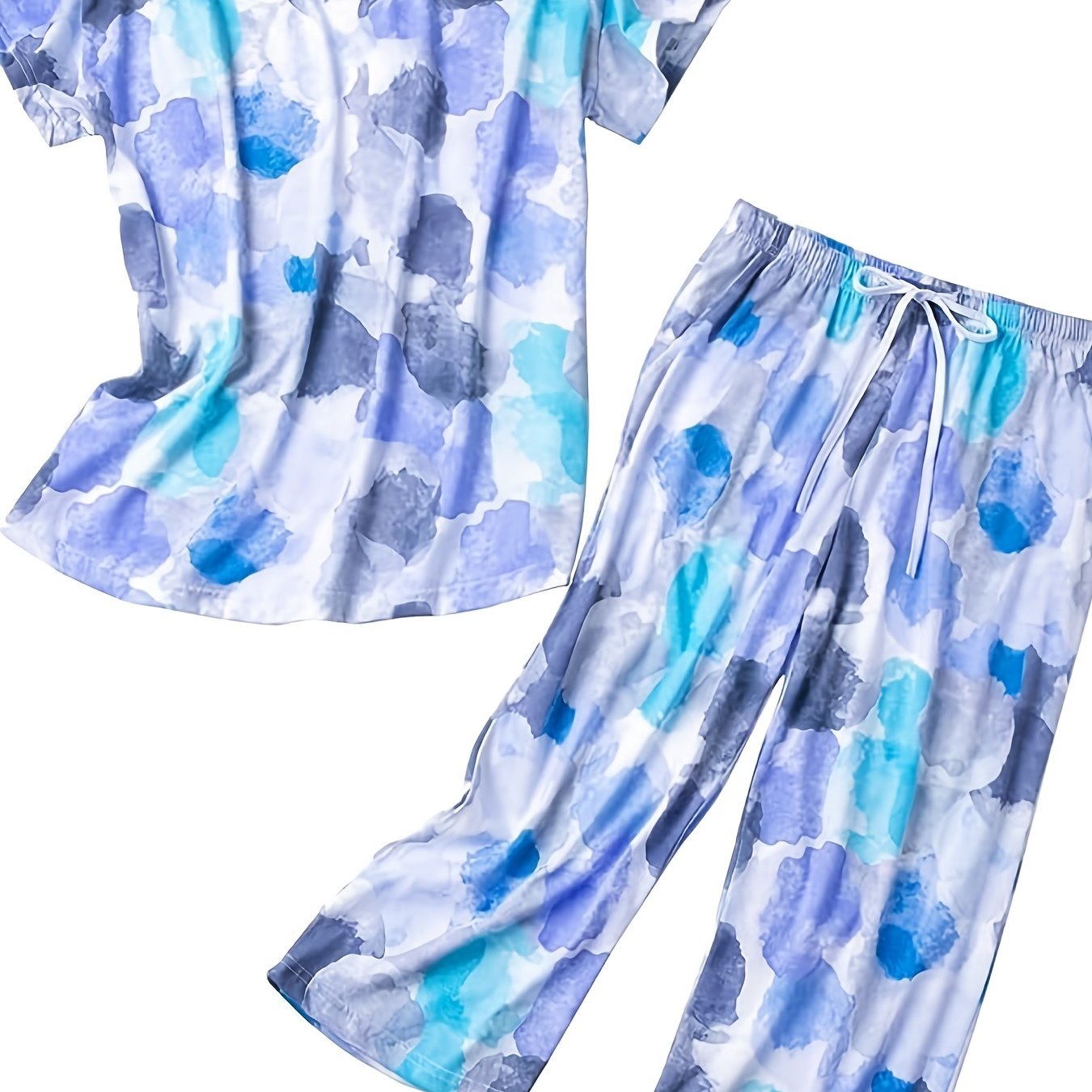 Colorblock Print Pajama Set V Neck Short Sleeve Top & Pants