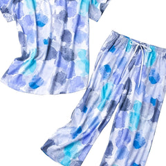 Colorblock Print Pajama Set V Neck Short Sleeve Top & Pants
