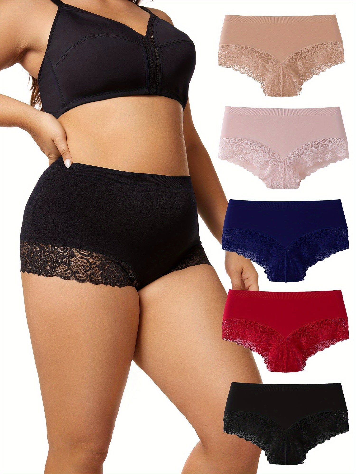 5 Pack Plus Size Lace Seamless High Stretch Briefs